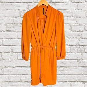 Pumpkin Orange Pullover Faux Wrap Dress With Sleeves